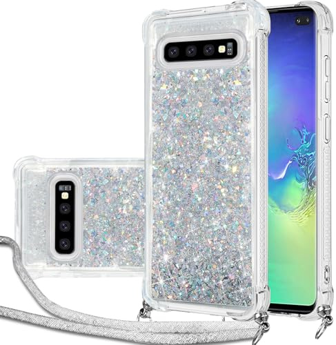 Handykette Hülle für Samsung Galaxy S10 Plus mit Band, Glitzer Treibsand Handyhülle mit Band, Schutzhülle mit Kordel zum Umhängen, Necklace Case für Samsung Galaxy S10 Plus 5G Hülle Quicksand Glitzer