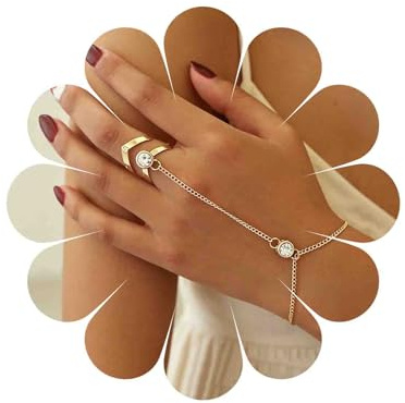 Katshdan Pulsera de anillo de cadena de mano Pulsera de anillo de dedo de cristal Pulseras de cadenas de oro Cadena de mano CZ Anillos en forma de V Pulseras esclavas