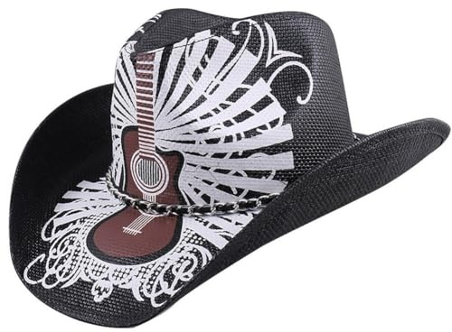 Zghhc Western Style Cowboy Hat Guitar Printed Hat Breathable Holiday Cap Wide Brim Travel Hat Sun Shade Hats for Outdoor Cowboys