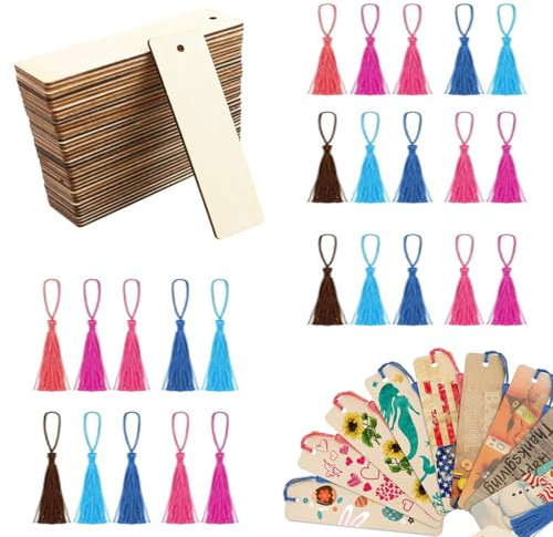 JRYXDS 25 Stück Holz Blanko Lesezeichen Mit 25 Stück Bunten Quasten Set,Blanko Lesezeichen,Für Diy Handwerk Geschenkanhänger