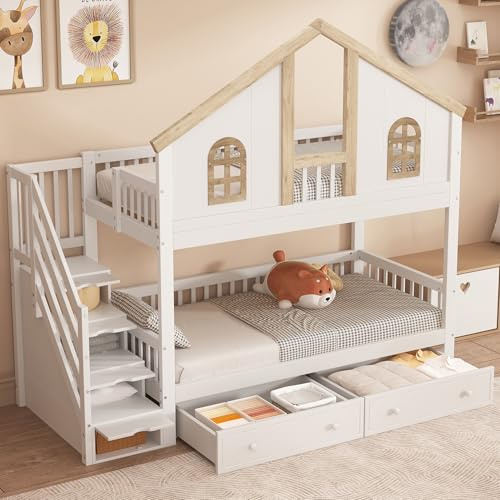 RIAZOS Kinderbett 90x200 cm, Etagenbett mit 2 Schubladen, Treppe mit 4 Ablagefächern, Stockbett für 2 Kinder, Holzbett mit Fenster Fallschutzgitter, Weiß+Natur, ohne Matratze