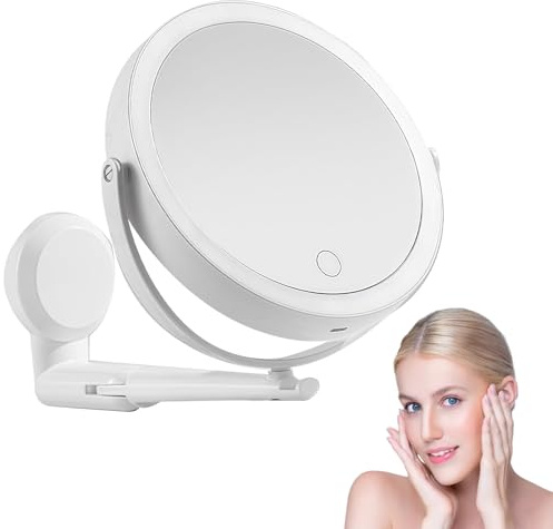 Espejo de aumento con ventosa, espejo de maquillaje con iluminación, espejo cosmético iluminado, espejo cosmético con iluminación, giratorio 360°, montaje en pared con 1x/3x ampliación con 3 modos de