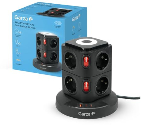 Garza - Regleta Torre 11 en 1 con 8 Enchufes Schuko, 2 USB-C PD20W y 1 USB-A, Carga Rápida, Luz Nocturna Regulable, Interruptores Individuales y Protección contra Sobrecargas y Cortocircuitos, Negro