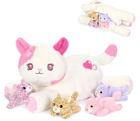 shownicer Lot de 5 jouets en peluche chat kawaii - Coussin en peluche - Cadeau pour adultes et enfants de 3 ans et plus (famille de chats, rose)