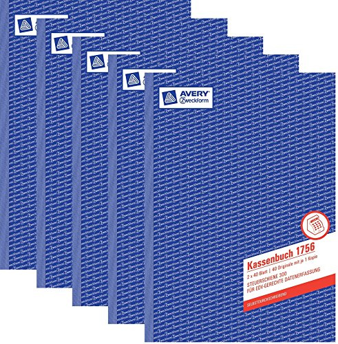 AVERY Zweckform 1756 5x Kassenbuch (A4, 2x40 Blatt, selbstdurchschreibend, nach Steuerschiene 300, EDV-gerechte Datenerfassung, von Rechtsexperten geprüft, für DE, ordnungsgemäße Buchführung)