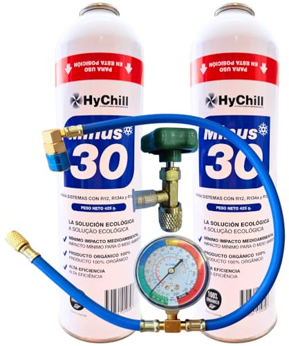 2 Minus 30 Refrigerante con Manómetro | Técnico 995ml 425gr | Gas Ecológico para Aire Acondicionado y Frío Automoción | Alta Eficiencia Uso Profesional