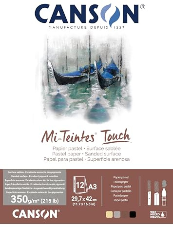 CANSON Mi-Teintes Touch - Bloc 12 feuilles de papier pastel A3 - 350g/m² - 4 couleurs assorties