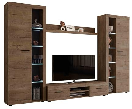 Mirjan24 Wohnwand Rango XL, Modernes Wohnzimmer Set, Design Anbauwand, Schrankwand, Mediawand, Vitrine, TV Lowboard, (Lefkas Eiche, mit weißer LED Beleuchtung)