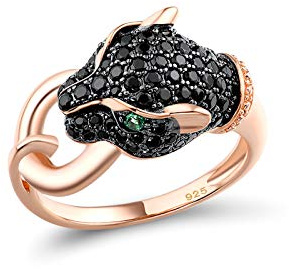 Santuzza Panther Ring Leopard Head Black Spinel 14K Rose Gold Plated Sterling Silver Ring for Women