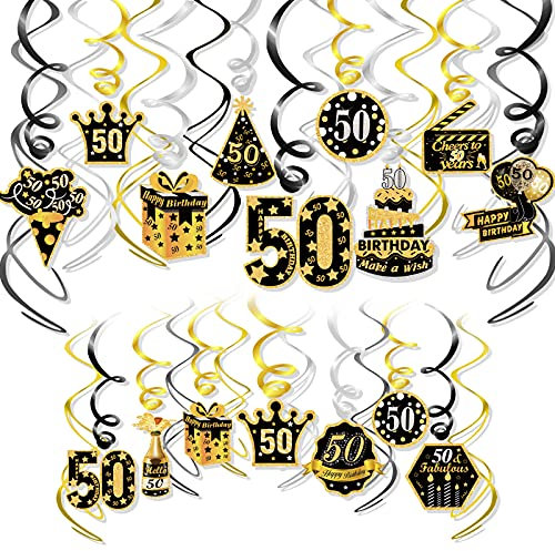 HOWAF 50. Geburtstag deko für Mann, 30 Stück Schwarz Gold 50. Geburtstag Hängend Wirbel Dekoration, 50. Geburtstag Hängedeko Deckenhänger Spiral Girlande für 50 Geburtstag Dekoration männer Frau