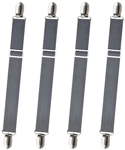 Sheet Fasteners, Sopito 4pcs Adjustable Elastic Straps to Keep Sheets in Place Heavy Duty Non Slip Bed Cover Grippers Clips for Crib to King Size Bed, Gray
