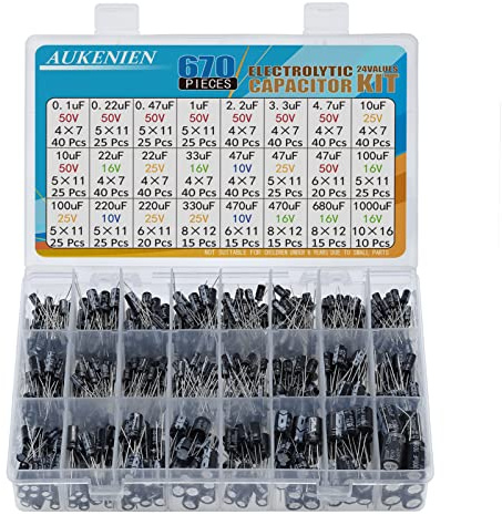 AUKENIEN 24 värde, 670 stycken Elko-kondensatorer, sortiment av elektrolytisk kondensator, set från 0,1 uF till 1000 uF 10 V 16 V 25 V 50 V Elko kondensatorer, aluminiumkapacitetssats
