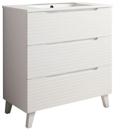 Kibath Mueble de Baño con Lavabo Boreal 80 cm 3 cajones con Patas Acabado Blanco Mate Fabricado en Madera, Grande