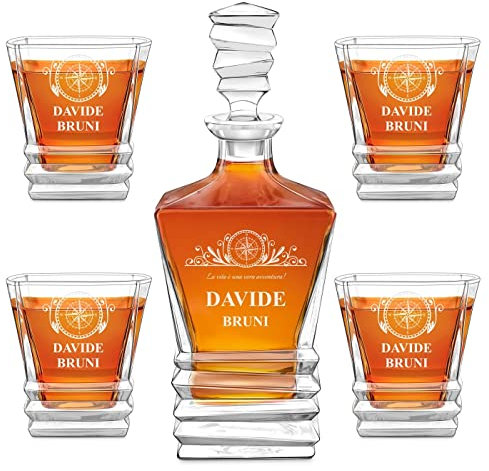 Maverton Caraffa whisky 800 ml - set di 4/6 bicchieri personalizzati da whisky - set decanter di cristallo con bicchieri - set da whisky per uomo per compleanno - per Natale - Rosa dei venti