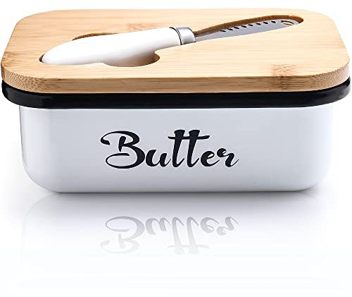 Butterdose mit Holzdeckel，Butterdose edelstahl Butterglocke für 250 g Butter，Butterdose mit Multifunktionales Buttermesser，Große Butterdose aus Edelstahl，Butterbox für Haushalt und Küche(Weiß)