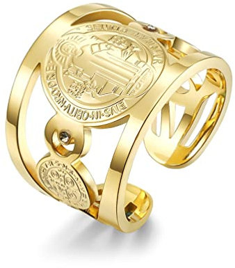 YAHOYA Männer Frauen Religiöser Edelstahl Verstellbarer Ring Benedikt von Nursia Offener Ring Schmuck