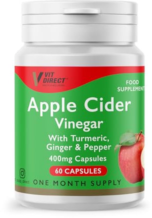 Vit Direct - Apple Cider Vinegar Capsules - 60 Capsules - 400mg - with Turmeric, Ginger & Pepper - Daily Supplement - One Month Supply - Easy to Take - Ideal for Gut Health & Digestion