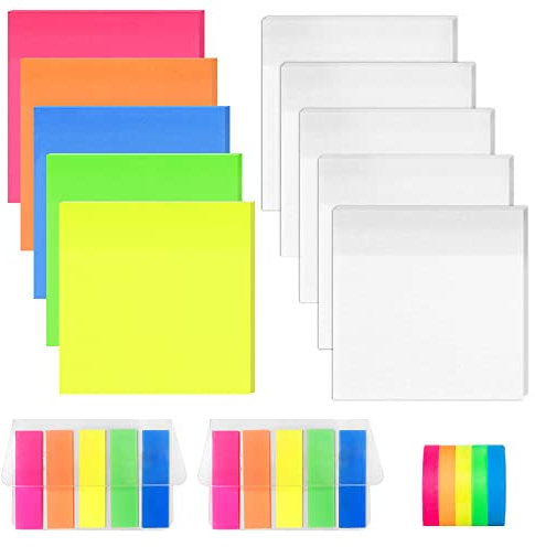 DaKuan transparente Haftnotizen, durchscheinend, 5 Packungen mit je 5 transparenten und farbigen Kratzblöcken, 5 Rollen bunte Klebeband-Haftnotizen, 2 Packungen rechteckige Haftnotizen, 17 Stück
