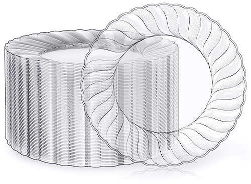 FOCUSLINE 100 Count Clear Plastic Plates 9 Inch, Disposable Heavy Duty Dinner Plates- Premium Hard Plastic Plate Fancy Disposable Clear Plates for Weddings, Parties and Events
