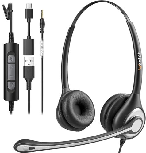Wantek USB Headset With Microphone For Laptop, PC Headphones With Mic Noise Cancelling, Computer Headsets With In-Line Volume Control & Mute, Compatible with Ms teams, Zoom, Webex, Office, Home