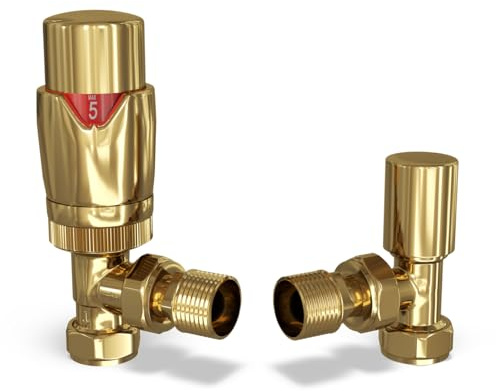 UK Radiators Thermostatic Radiator Valve (TRV) - 15mm Angled Lockshield - Polished Brass/Gold Colour - Energy Saving 1/2 x 15mm Brass Angled Valve,(TRV-P2-PBA)