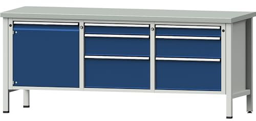 ANKE | Werkbank | Gestellbauweise Serie V | 1 Tür 540 mm | 6 Schubladen | Stahlblechbelag | Teilauszug