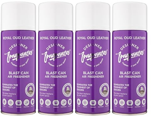 Designer Fragrances 4 Pack Royal Oud Leather Air Freshener Blast Cans - For Home & Vehicles – Natural Oils, Luxury Lasting Smell, Dry Mist Quick Release Spray – Deodorise & Neutralise Odours – 400ml