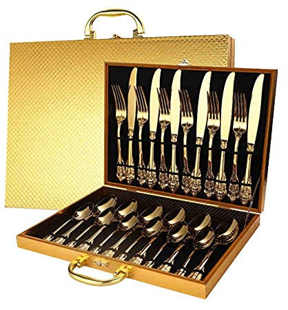 Besteckset mit goldenem Koffer, Elegantes, geschnitztes Besteckset aus Edelstahl, Messer, Gabel, Löffel, hochglanzpoliert, für Hochzeiten, Geburtstage, Restaurants, Hotels (Gold 24 Stück (Gold 24 Stü