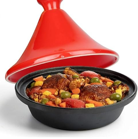 VG ® Tagine Moroccan Cast Iron Pot 30cm Diameter, Casserole One-Pot Tagine Slow Cooking, Red Enameled Ceramic Conical Lid locks in steam and continuously Bastes 500 F Oven Safe Induction 21cm Height