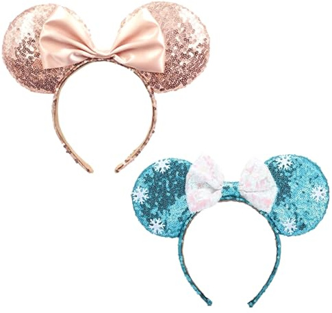 GWAWG 2PCS Mickey Mouse Ears Headband (Champagne and Blue) – Sparkling Snowflakes and Satin Bow, Perfect for Disney Trip, Christmas, and Cosplay | Fits Adults and Children