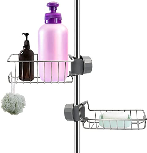 Mokife Support Douche Sans Percage Inox, 2 Etageres Salle de Bain Chrome Porte Savon Shampoing Gel Douche Pour Barre 18-25mm, Argent