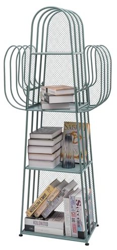 KONGKUNI 4-Tier Ladder Bookshelf, Cactus Freestanding Bookcase Storage Rack Metal Display Rack, Corner Bookshelf for Small Spaces, Multifunctional Display Stand for Bedroom Home Office (Green)