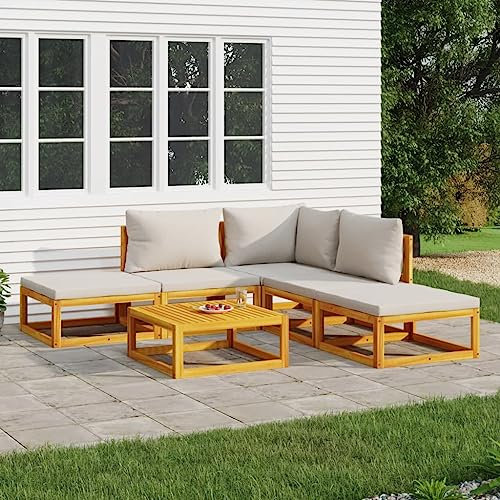 Homgoday 6-TLG. Garten-Lounge-Set mit Hellgrauen Kissen Gartenmöbel Set Balkonmöbel Gartenlounge Gartensofa Ecksofa Lounge Sitzgruppe für Terrasse Garten Balkon Massivholz