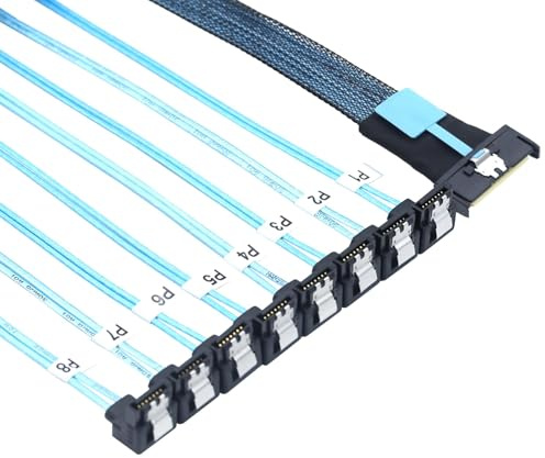 Allowish MCIO 74P 8X 8I SAS SFF-8654 8i PCI-E Ultraport Slimline 5.0 To 8X SATA 7P 90 Degree Female Adapter Cable (0.5m)