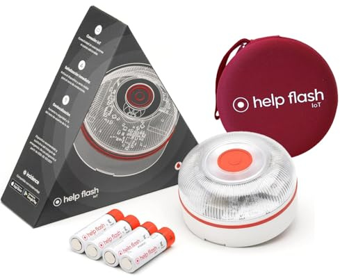 help flash IoT Luz de Emergencia V16 con Geolocalización + Funda de Neopreno Roja, Exigible a Partir de 2026, Baliza Conectada con DGT 3.0, Señal V-16, Aviso Ubicación Coches, Plan de Datos Incluido