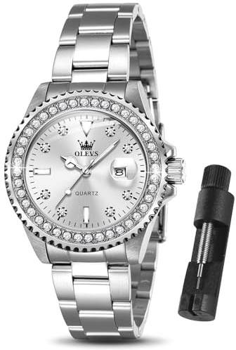 OLEVS Argento Orologio Donna Moda Delicato Diamante Acciaio Inossidabile Orologio da Polso Donna Luminoso Impermeabile con Data Bianco Quadrante Piccolo Orologi Donna Analogico Quarzo Regalo per Donna