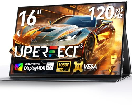 UPERFECT Portable Monitor 16 Zoll 120Hz Tragbarer Monitor für Gaming FHD 1080P Mobiler Bildschirm mit HDMI USB C Laptop Bildschirm Erweiterung für Laptop/Phone/PC, VESA-Kompatibel