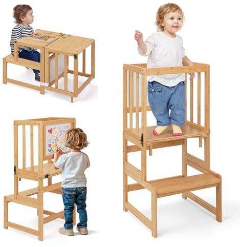 COSYLAND 3-In-1 Toddler Kitchen Stool Helper – Convertible Standing Tower With Whiteboard for Kids – Children's Bathroom Kitchen Counter Helper – Mothers' Helper Tower Learning Stool (Natural)
