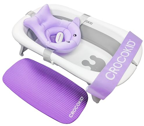 CROCOKID® Großes Faltbares Baby-Badewannenset + 4 Unverzichtbare Zubehörteile – Tragbare XXL-Badewanne 0–5 Jahre | Kompakt, Reisetauglich & Robust mit Verstärkter Doppelschale – Violett