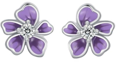Qings Sterling Silber 925 Blume Ohrringe für Damen Vierblättrige Kleeblatt Gänseblümchen Gelbe Lila und Silber Ohrstecker mit Zirkonia St. Patrick's Day Geschenke für Frauen und Mädchen