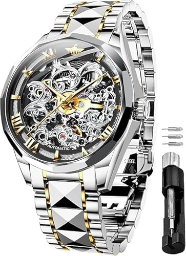 OUPINKE Herren-Skelett-Uhren mechanisch luxuriös automatisch mit Selbstaufzug Saphirglas wasserdicht Wolfram-Stahlband
