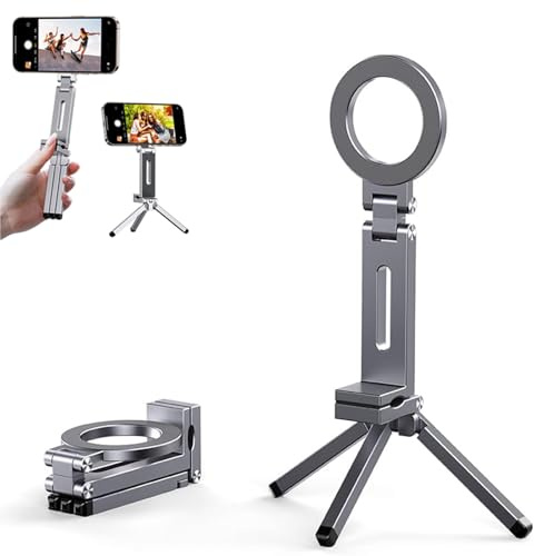 CBDYWVR Aluminium Mini Magnetic Phone Tripod for iPhone 16/15/14/13/12 Plus Pro Max Series, MagSafes Compatible, 360° Adjustable Magic Clip Folding Stand, 1/4 Screw
