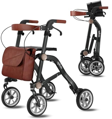 Uplivin Trive Rollator with Seat - 1 Step Dual Folding || 4 Wheel Rollator with Seat || Lightweight 6.5kg || Aluminium Mobility Walker || Oxidised Surface Finish for Metallic Look (Moon Black)