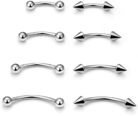 fKiZanthene 8pc Curved Barbell Piercing Set, Vertical Labret Lip Bars & Eyebrow Jewellery with Circular and Conical Shapes, 6/8/10/12mm Stainless Steel for Multiple Piercings