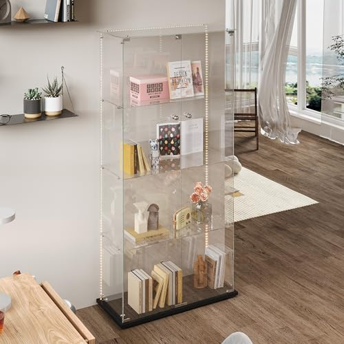 Glasfönster med LED, visningsglas garderob med 2 dörrar 4 hyllor fönsterskåp med lås samlarskåp modernt vardagsrum display bar (svart, ljusremsan)