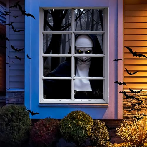 Coprifinestre di Halloween,Tende Spaventose Finestre per Decorazioni Halloween,Tende Spaventose,Spaventoso Suora per Interni ed Esterni,Finestra,Porta,Casa Stregata Esterno Addobbi,120 * 80cm
