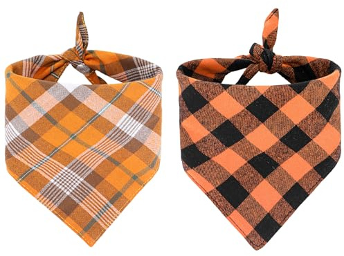 Gjinxi Dog Bandana 2PCS Orange Plaid Pet Cotton Scarf Reversible Triangle Bibs Handkerchief Holiday Halloween Puppy Small Medium Dogs Thanksgiving Bandanas Fall Scarves Party Decoration Dogs Costumes