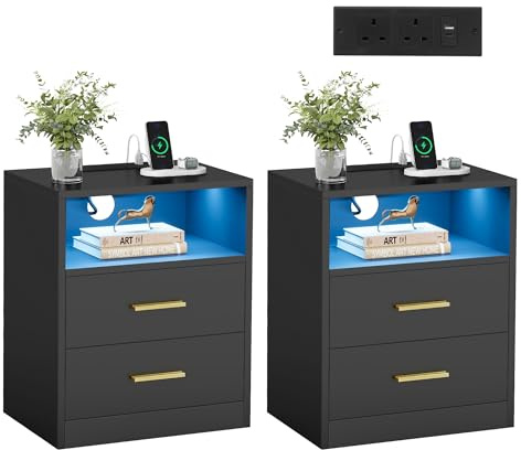 VASAGLE Collection - Bedside Table with Charging Station, LED Lights, Modern Side End Table with Drawers, Open Shelf, 2 AC Outlets USB Ports, Matte Black CUSTOS LET829BC02