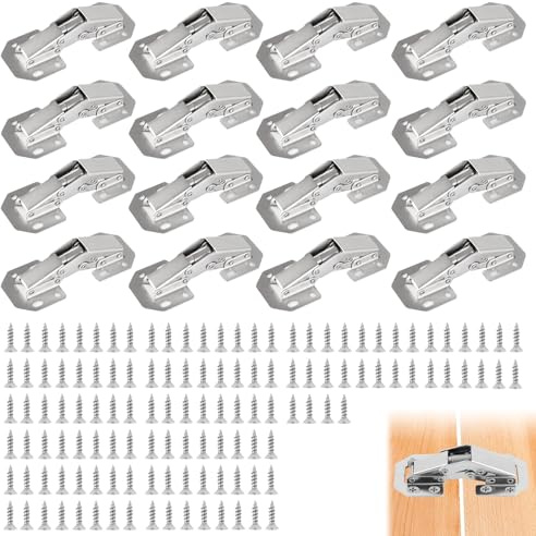 16 Pack 3 Kitchen Cupboard Hinges with 128 Pcs Screws 90 Degrees Cabinet Hinges Full Overlay Mute for Kitchen Cupboard Bathroom Bedroom Wardrobe Dining Room Doors