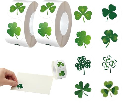 Pegatinas de Trébol de la Suerte - 1000 Unidades, Color Verde, para Decoración de Fiestas, Bodas, Cumpleaños y Regalos, Estilo Temático de San Patricio, Ideal para Manualidades y Celebraciones.